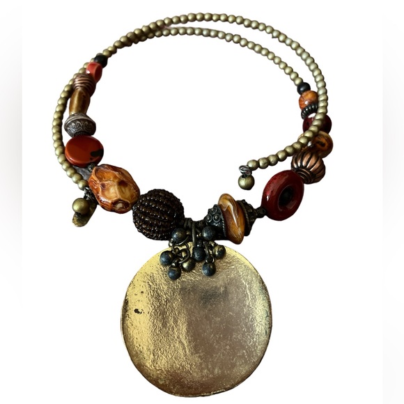 “Treska” vintage Boho Style Memory Wire Coil Necklace, enamel, stones,wood beads - Picture 2 of 8